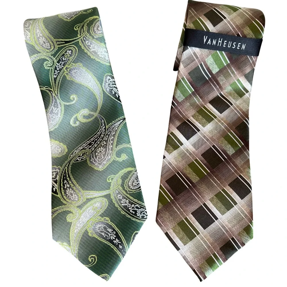 NWT New! Van Heusen Mens 100% Silk Ties - Green Paisley & Brown Plaid Set 2 ties